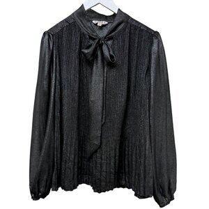 Nanette Lepore Bow Blouse Medium Black Metallic Pleated Chiffon Evening Top NWOT